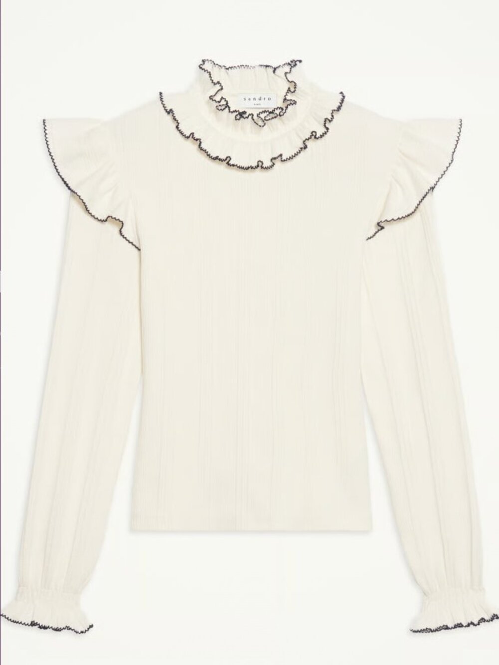 Sandro Ribbed Ruffle Mockneck Top S/M